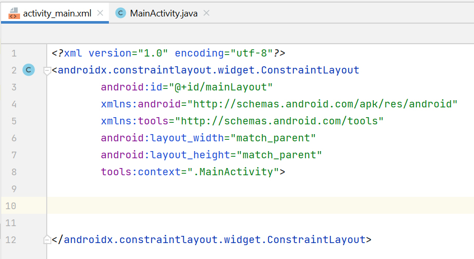Код файла activity_main.xml с разметкой Android-приложения, где расположен единственный компонент ConstraintLayout