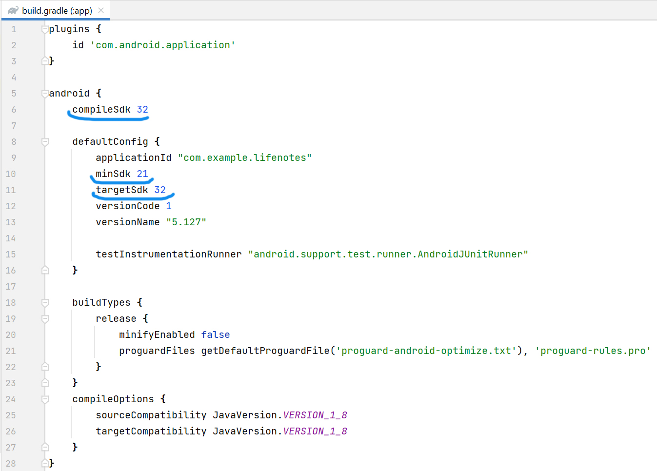 Скриншот установки параметров compileSdk, minSdk и targetSdk в build.gradle в IntelliJ IDEA