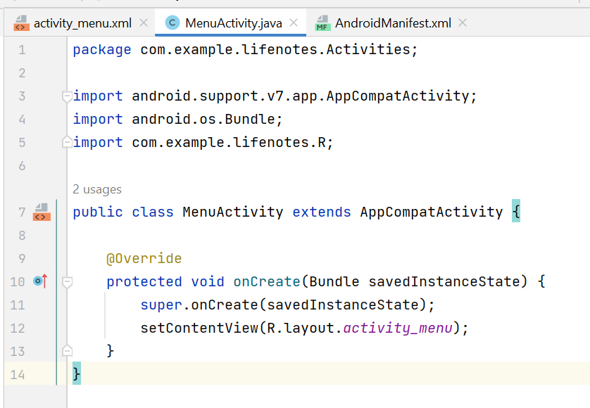 Скриншот кода на Java созданной Android Activity