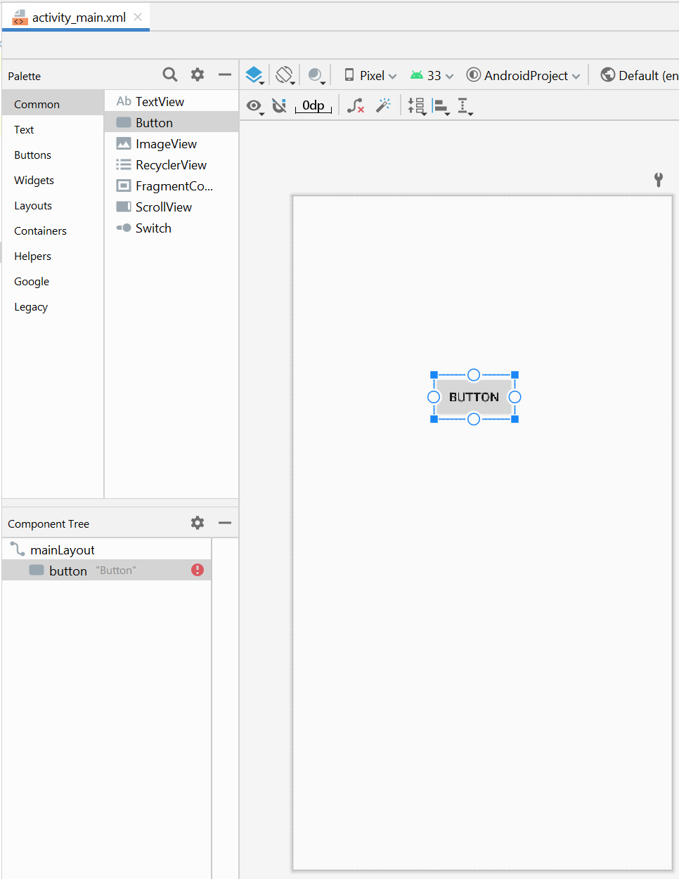 Добавление кнопки Button в редакторе интерфейса Android-приложения в IntelliJ IDEA в режиме Design