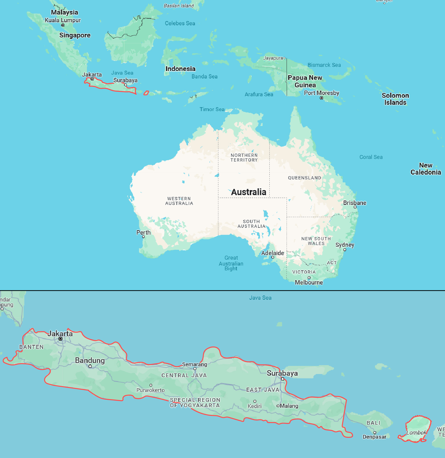 Острова Java и Lombok рядом на карте