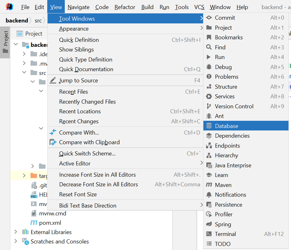 Подключение БД к проекту в IntelliJ IDEA Ultimate Edition (View -> Tool Windows -> Database)