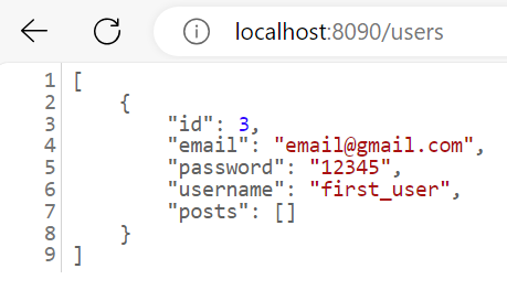 Обращение к контроллеру Spring-проекта через адресную строку с localhost:8090/users с получением 1 JSON-объекта