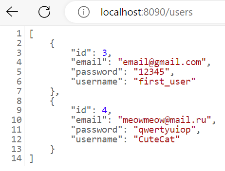 JSON-объекты в ответ на http-запрос localhost:8090/users в Spring-приложении
