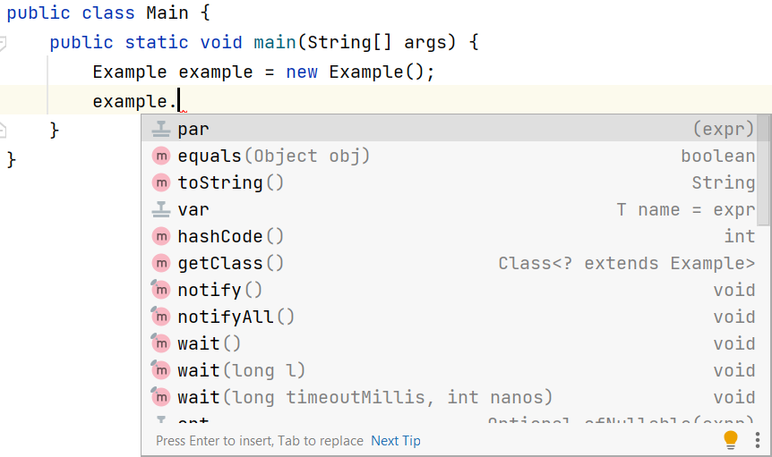 Скриншот подсказок IntelliJ IDEA с методами из класса Object, от которого наследуются все классы в Java