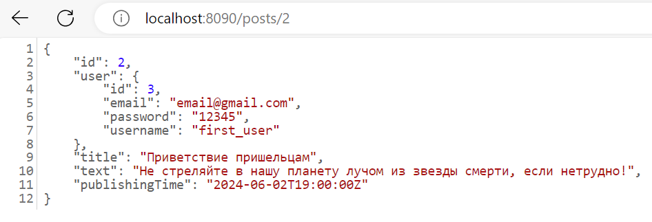 JSON-объект в ответ на http-запрос localhost:8090/posts/2 в Spring-приложении
