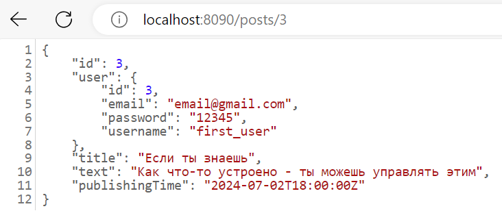 JSON-объект в ответ на http-запрос localhost:8090/posts/3 в Spring-приложении